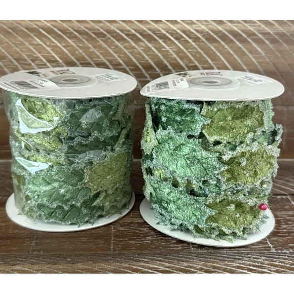 Raz Imports Other - (2) RAZ Imports Christmas Ribbon Green Beaded Holly Leaves Sparkle 1.5" 3 yds Ea